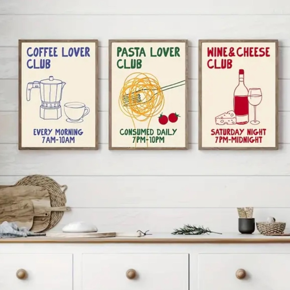 Foodie Club Canvas Prints - Set of 3 Whimsical Kitchen Wall Art